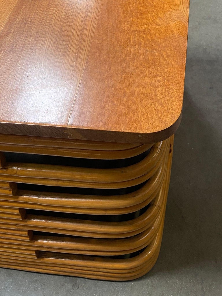 Restored Tall Stacked Rattan Coffee Table with Mahogany Top