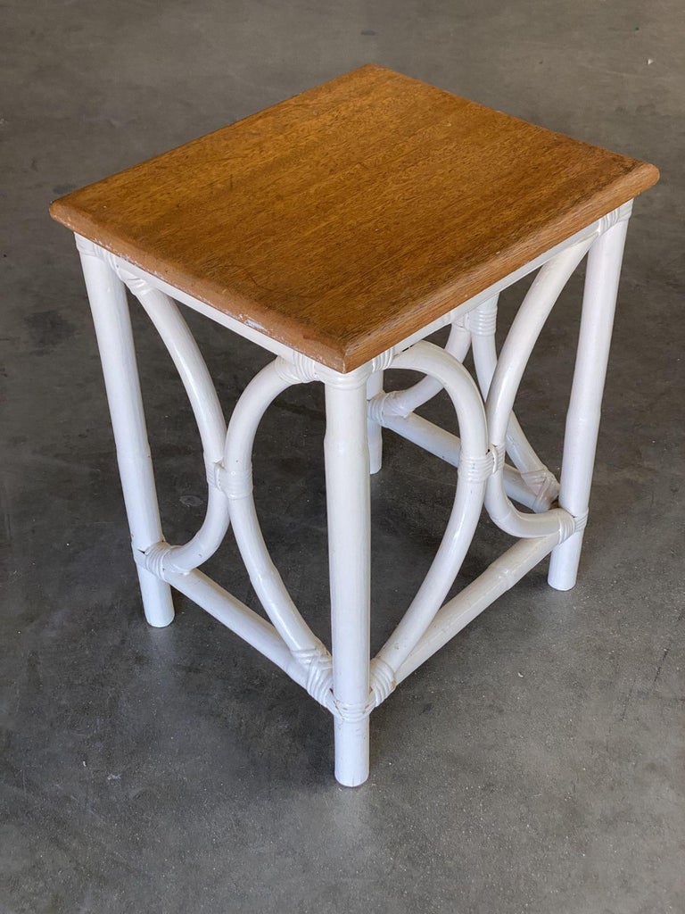 Mid-Century Set of 3 Whited Rattan Nesting Side Tables w/ Mahogany Top