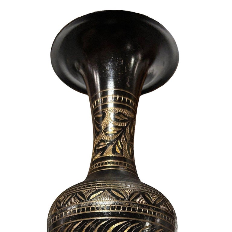 Indian Hand Etched Black Cloisonne Brass Floral Vase