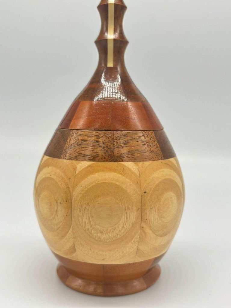 Hand Carved Marquetry Inlay Pear Shaped Vessel with Lid