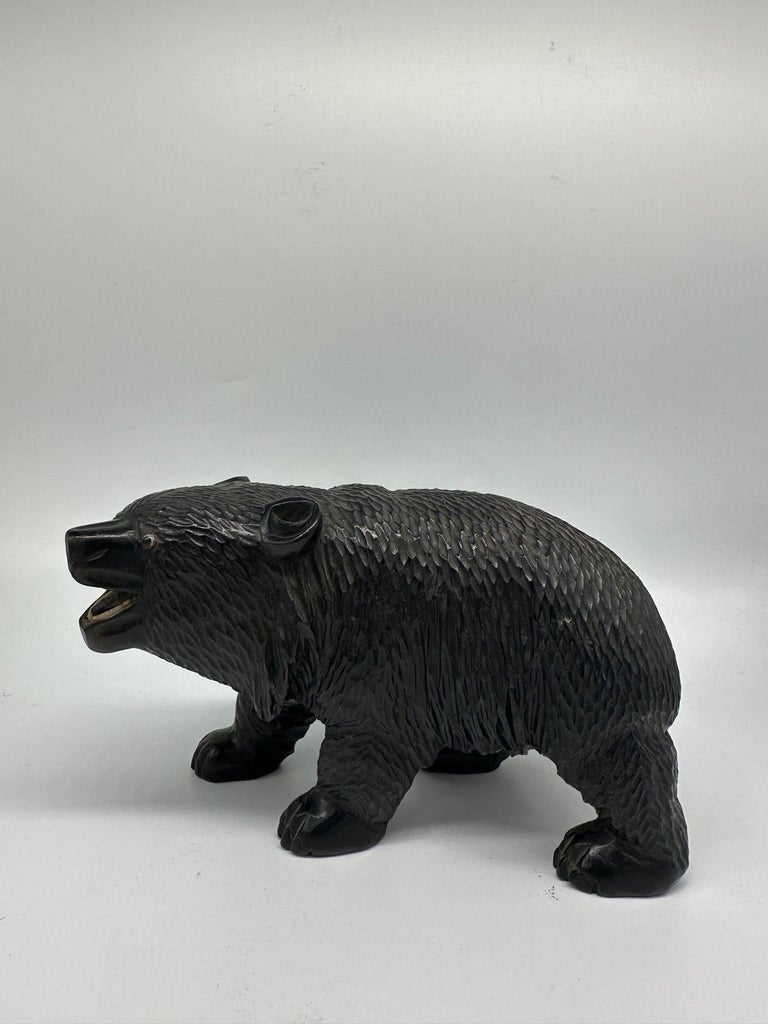 Ainun Black Bear Hand Carved Wood Sculpture with Glass Eyes