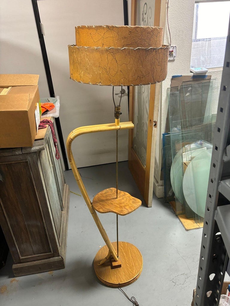 Restored Googie Asymmetric Pole Floor Lamp w/ Side Table & Fiberglass Shade