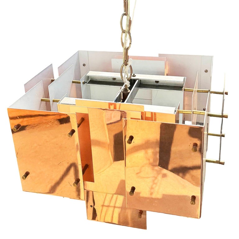 MCM Floating Panel "Cityscape" Brutalist Copper Chandelier By Robert Sonneman