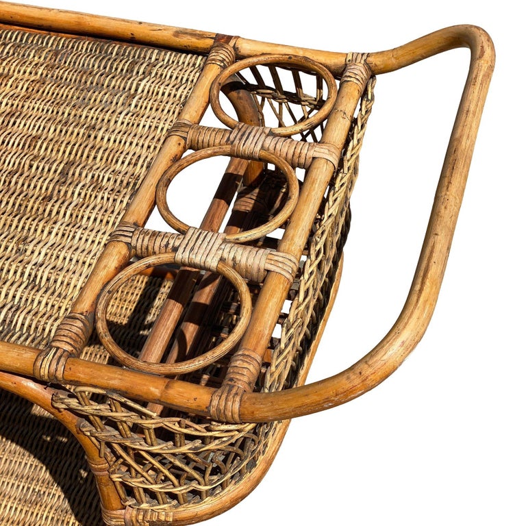Restored Art Deco Stick Rattan Two-Tier Bar Cart w/ Woven WickerTops