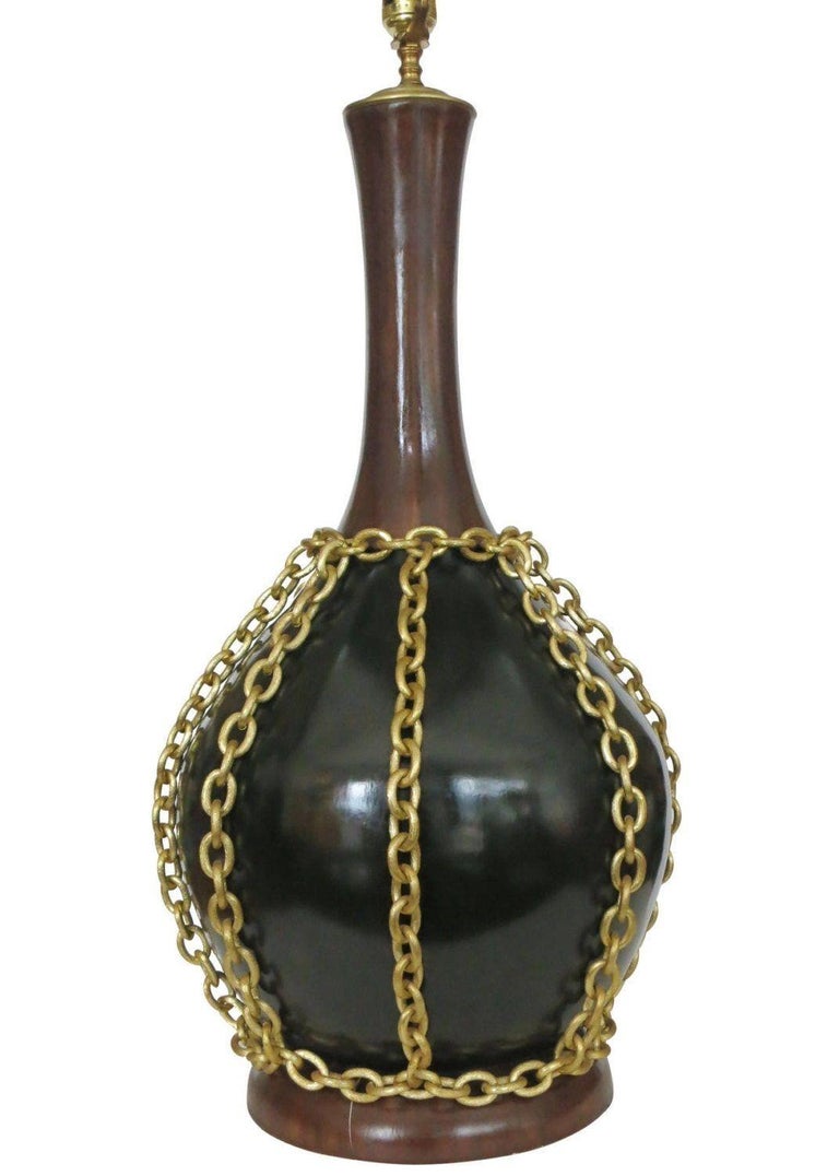 Large Midcentury Pottery Gold Tone Chain Lamps with Shade