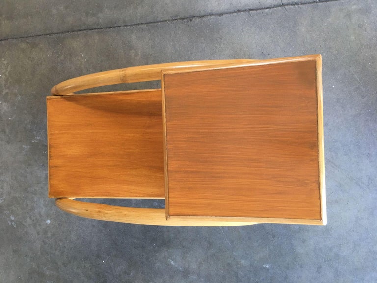Restored 3/4 Round Pretzel Rattan Side Table w/ 2-Tier Mahogany Tops, Pair
