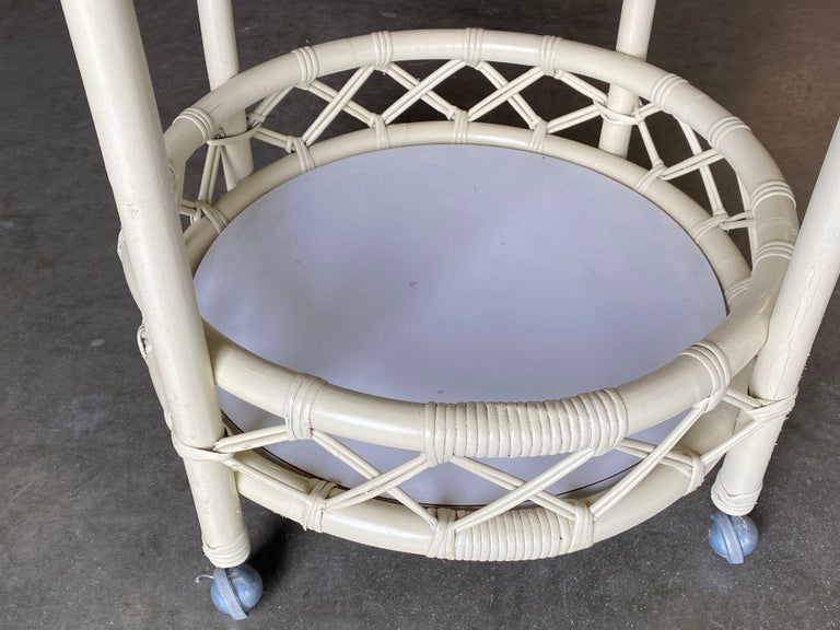 Restored Modern White Round Rattan and Mahogany Bar Cart