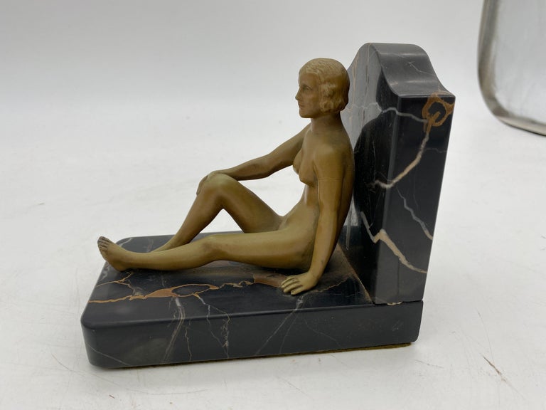 French Nude Flapper Girl Spelter Metal & Marble Bookend Pair, 1920