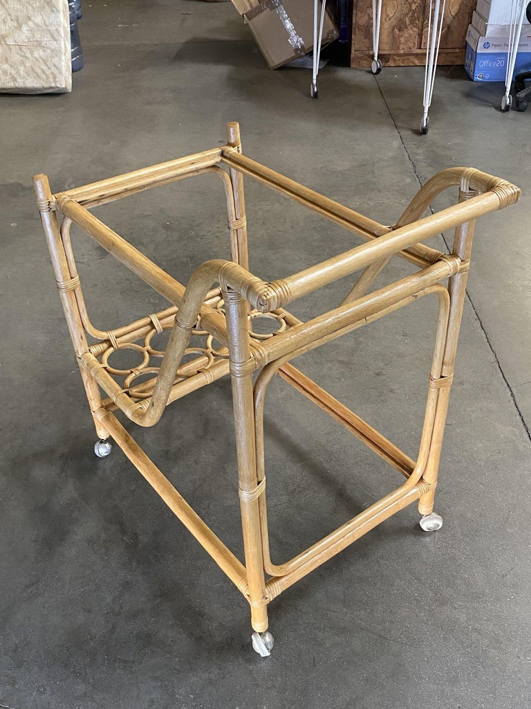 Restored Mid Century Rattan Bar Cart w/ Bottle Holder by Angraves, circa 1970