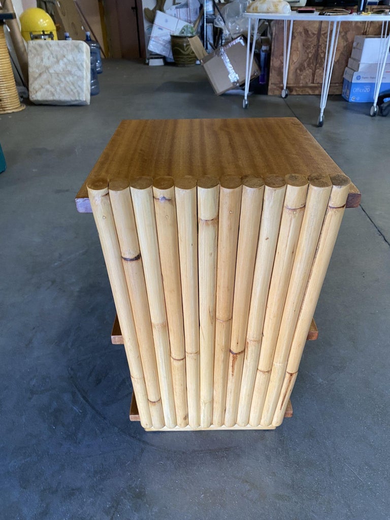 Restored Mid-Century Vertically Stacked Geometric Rattan Side Table, Mahogany