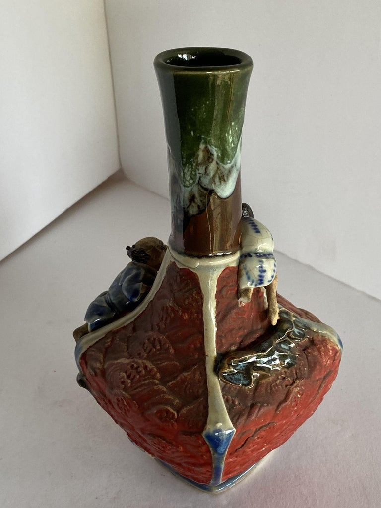 Japanese Sumida Ware Vase with Two Men on Rocky Ledge by Inoue Ryosai II