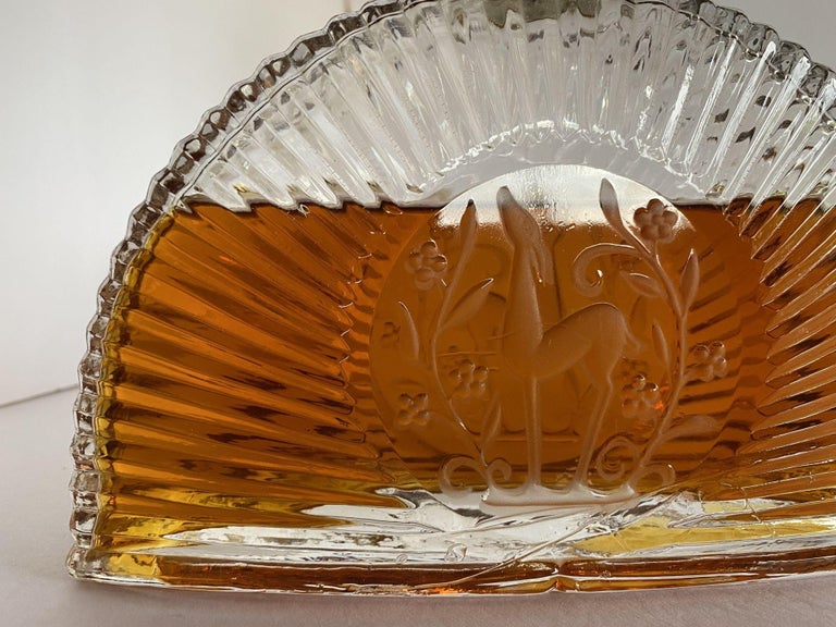 Art Deco Stepped Art Glass Perfume Bottle W/ Deer Motif