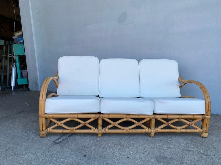 Rare Restored "1940s Transition" Rattan Sofa and Lounge Chair Living Room Set