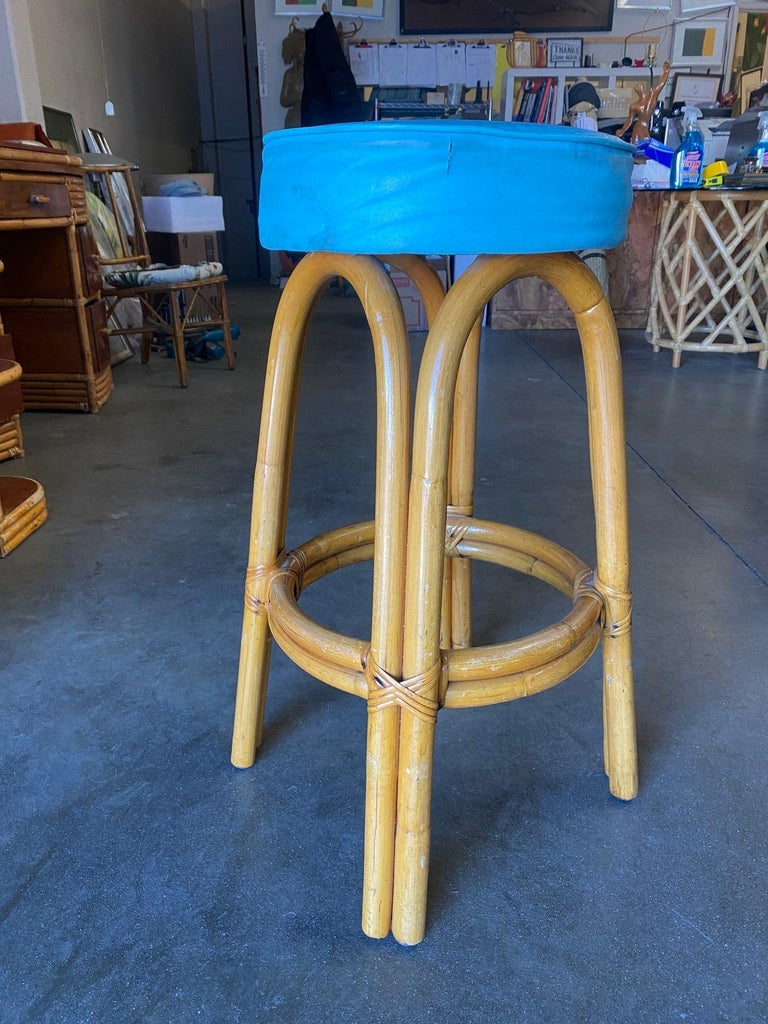 Restored Single Stand Arched Rattan Bar Stool w/ Teal Green Seat, Set of Four