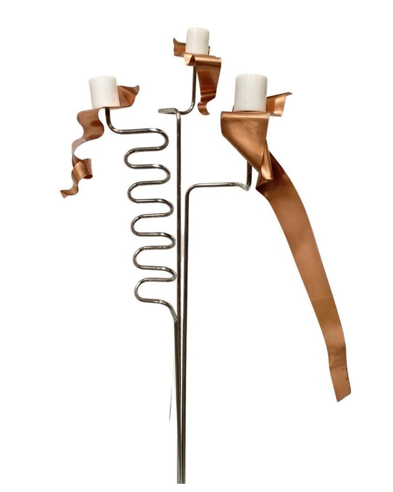 Machine Chrome & Copper 3 Arm Artist Signed Abstract Sculptural Candelabra
