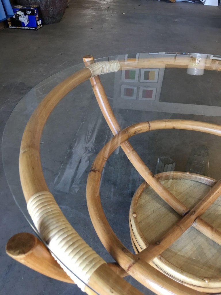 Restored Four Pole Rattan Coffee Table with Floating Glass Top