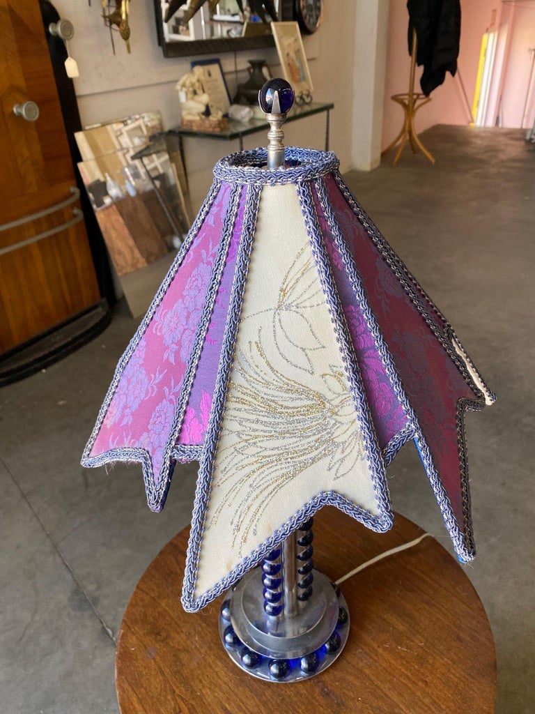 Chromed Steel and Cobalt Marble Art Deco Lamp