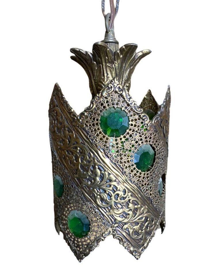 Hollywood Regency Jewel Prisms Filigree 5 Light Hanging Chandelier, Circa 1950