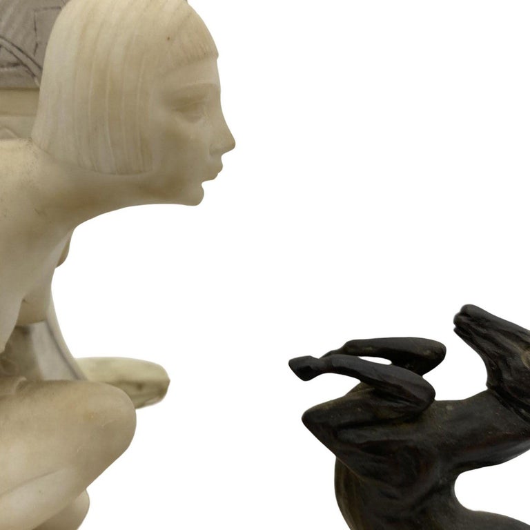 Hand Carved Art Deco Nude Flapper Girl Alabatser Table Lamp w/ Bronze Gazelle