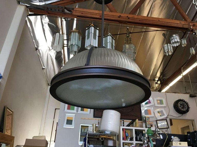 Industrial Ribbed Pendant Lamp Holophane Style Pair