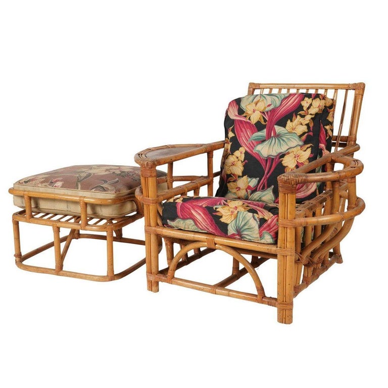Rare MCM Stepped Rattan Sofa Chair Ottoman Livingroom Set w/ Built in End tables