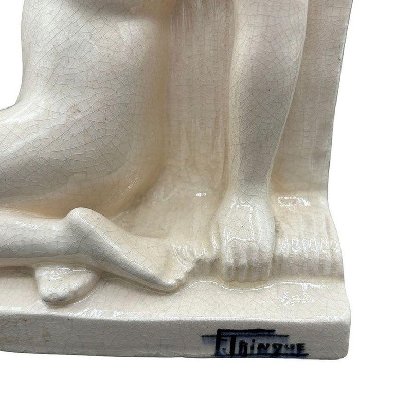 French Art Deco Nude Female Ceramic Sculpture signed by F. Trinque