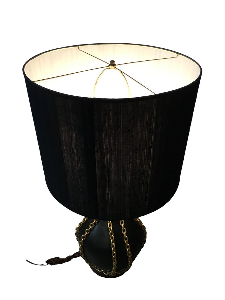 Large Midcentury Pottery Gold Tone Chain Lamps with Shade