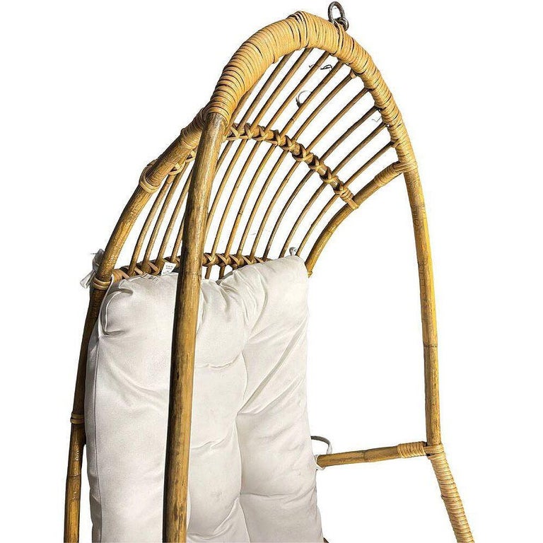 Restored Mid-century Rattan & Wicker Hanging Cocoon Egg Chair w/ Stand