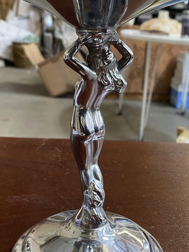 Chrome Farberware Nude Women Art Deco Compote w/ Amber Glass Cup
