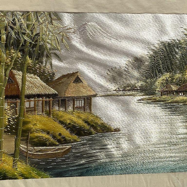 Three Chinese Silk Embroidery Tapestry Art Tropical Landscape in Rattan Frames