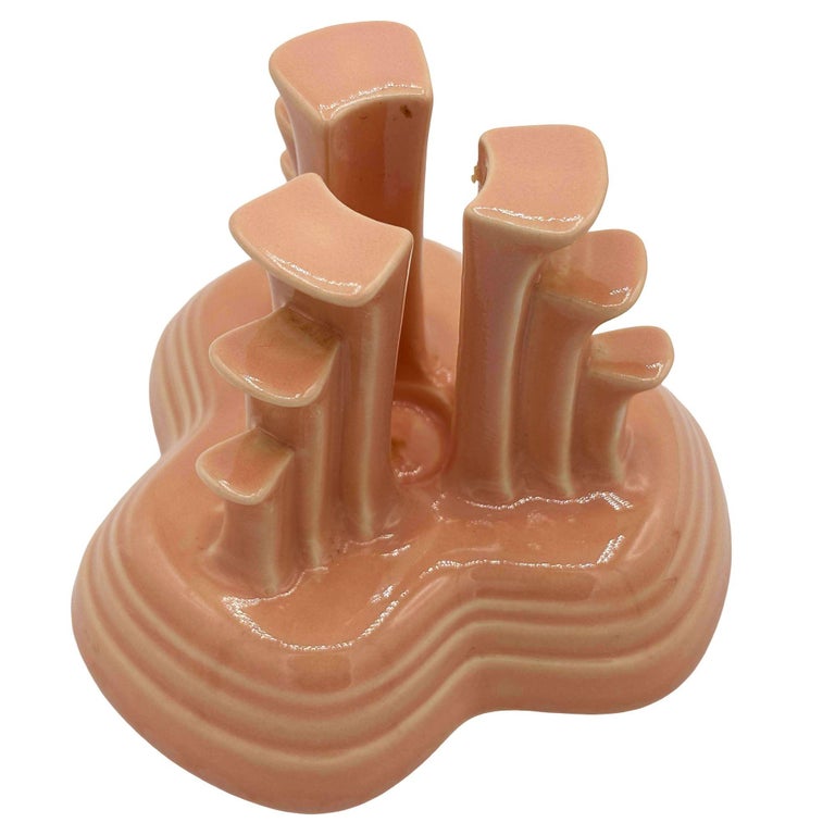 Art Deco Apricot Peach Tripod Pyramid Candleholder by Fiesta Ware, Pair