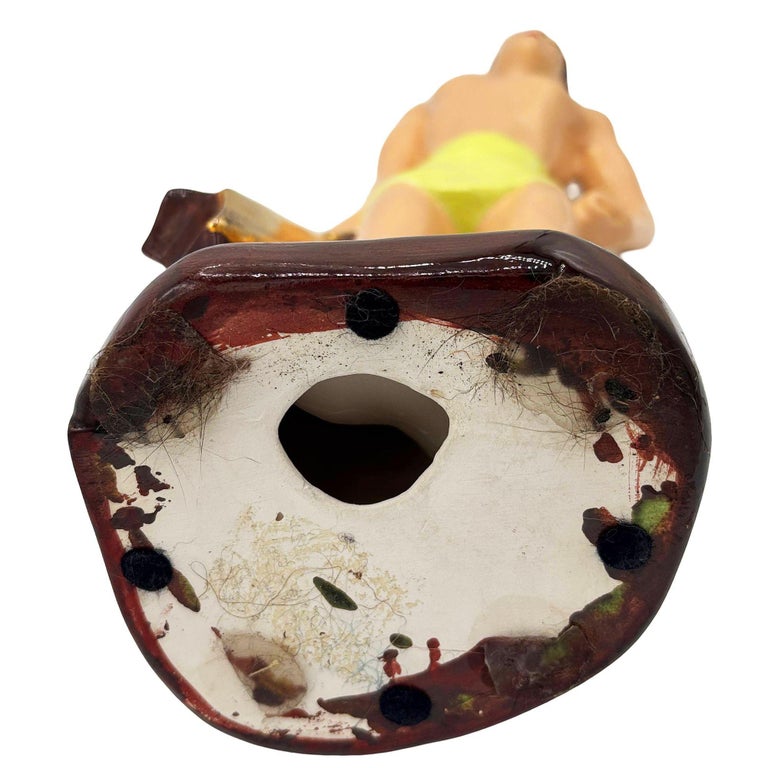 Mid-Century Hand Painted Hawaiian Hula Girl & Male Surfer Ceramic Statue Set