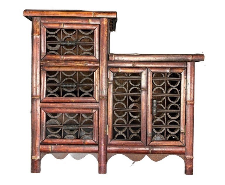 Late Qing Dynasty Split Bamboo & Lattice Top Chippendale Cabinet w/ 3 Drawers