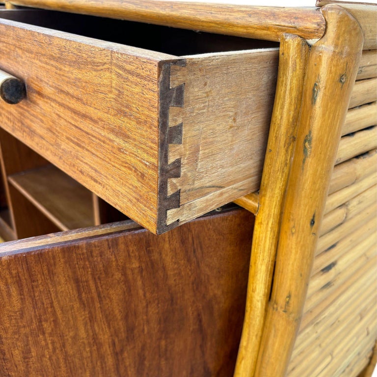 Restored Early Mid-century Stacked Rattan Credenza TV Stand w/ Mahogany Top