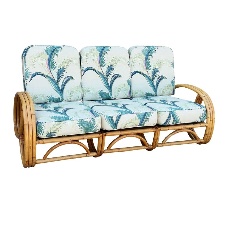 Restored Mid-Century 3-strand 3/4 Round Pretzel Arm Rattan Sectional 3-Seat Sofa