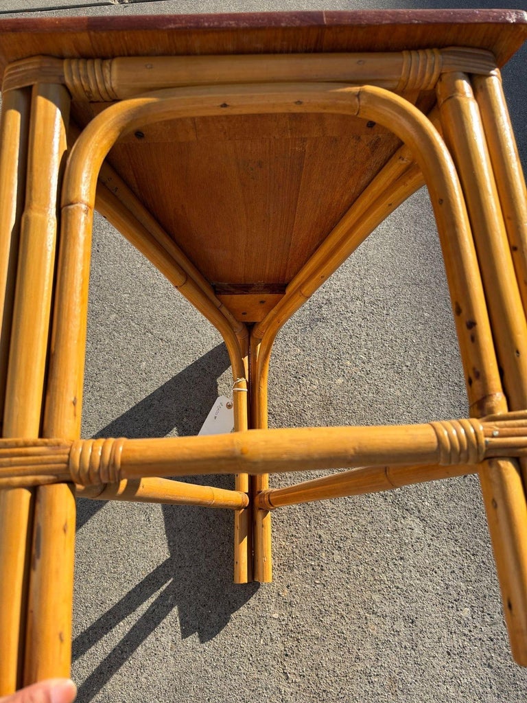 Restored Rattan Corner Wedge Table with Mahogany Tabletop