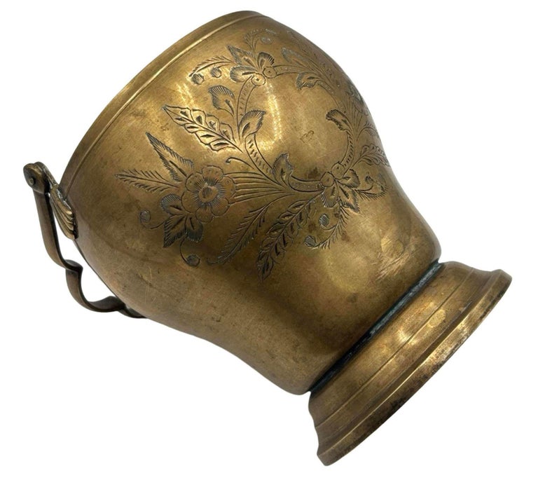 Late Victorian Hand Etched Floral Brass Ice Bucket w/ Whimsical Handle