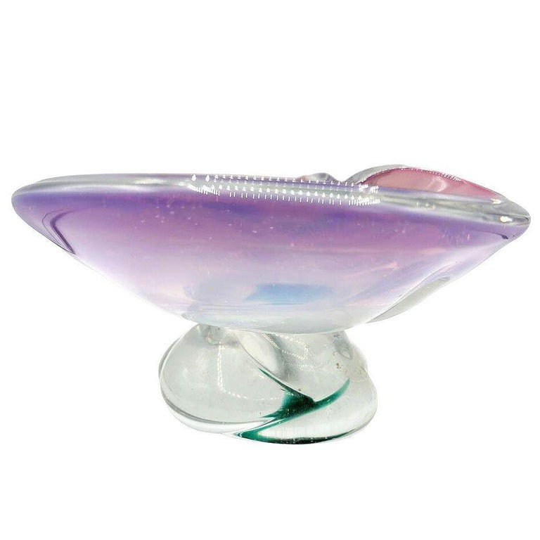 Mid-Century Murano Peacock Art Glass Pedestal Ashtray w/ Pink Pastel Swirl