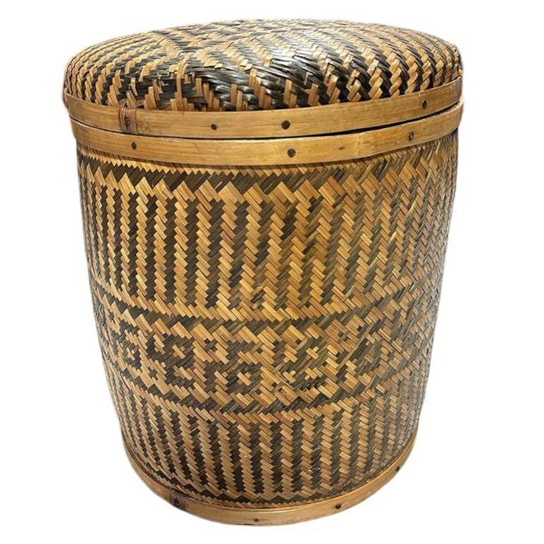 Tall Traditional Thai Hand Woven Wicker Rice Storage Basket w/ Lid