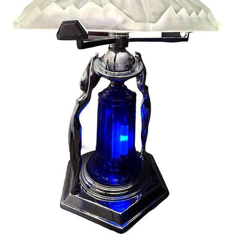Frankart Era Art Deco Style Chrome & Cobalt Figural Lamp w/ Vivian Glass Shade