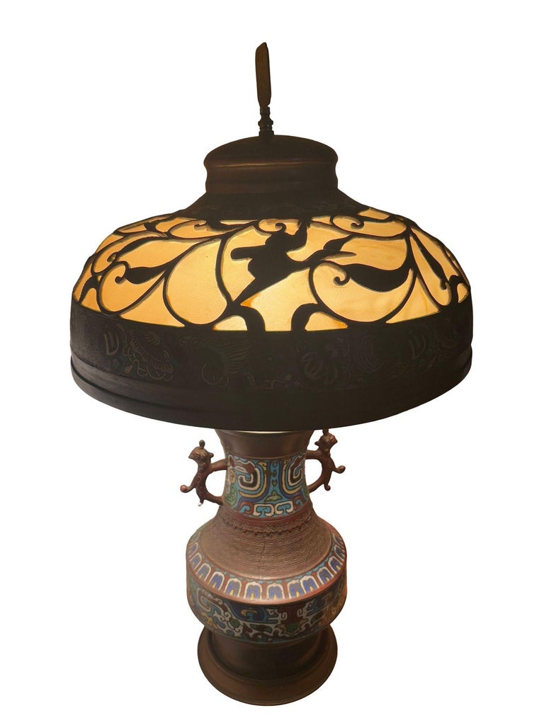 1910 Meiji Period Japanese Cloisonné Lamp with Wrought Iron and Enamel Shade