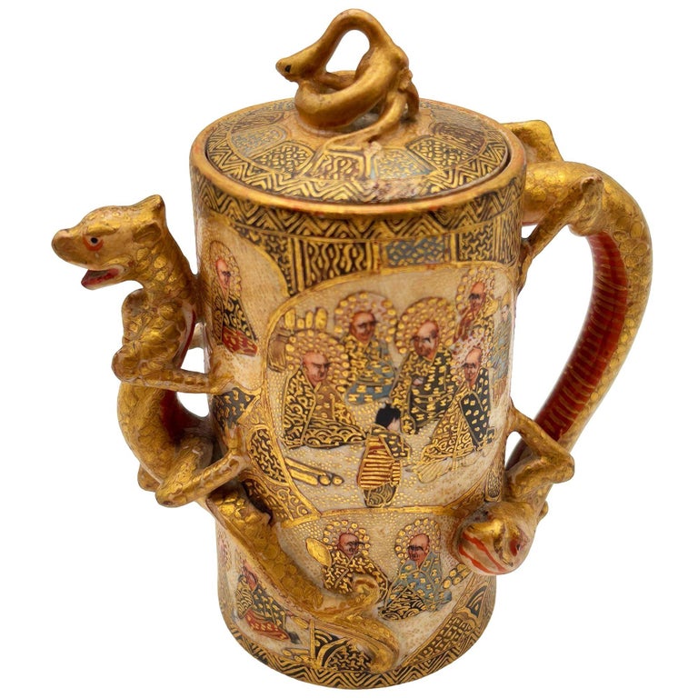 Gyokushu Satsuma Earthenware Saki Pitcher, C. Meiji Period