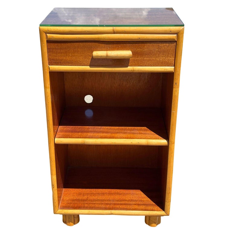 Restored Rattan and Mahogany Lowboy Dresser and Nightstand Set
