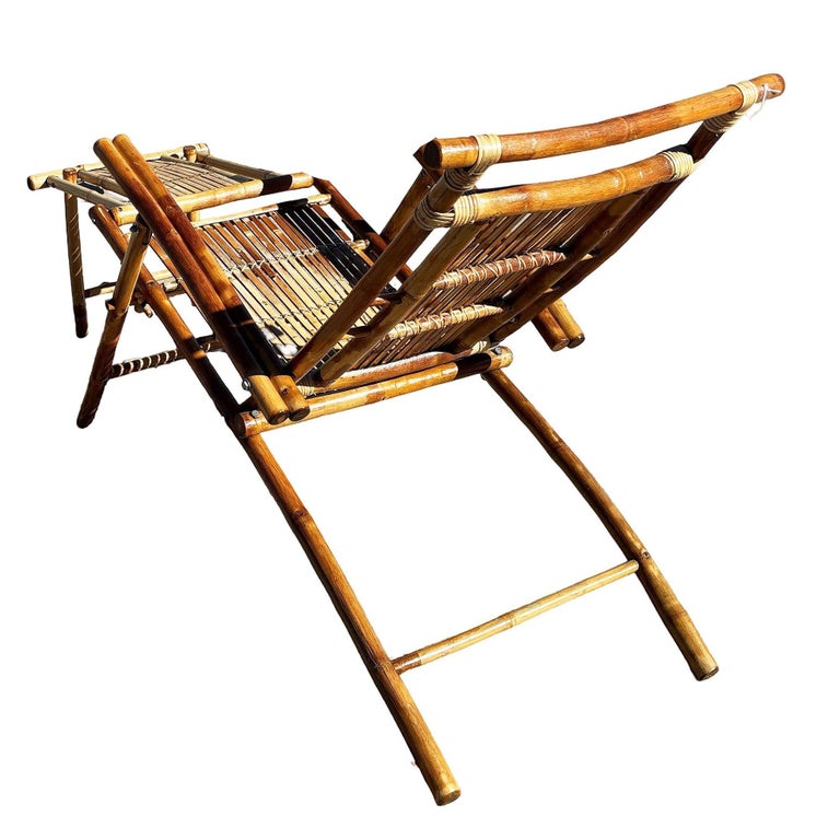Restored Aesthetic Movement Tiger Bamboo Garden/Patio Fold Lounge Recliner, Pair