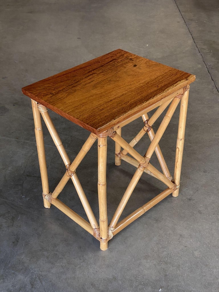 Restored Set of 3 Rattan Nesting X Side Tables with Mahogany Top