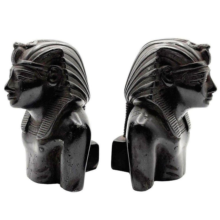 Hand Carved Ebony Wood King Tut Tutankhamen Pharaoh Bust Book Ends Signed 1974
