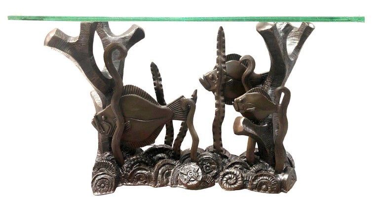 Aquatic Marcel Bouraine "Turbot" Bronze Art Deco Console Table by Phyllis Morris