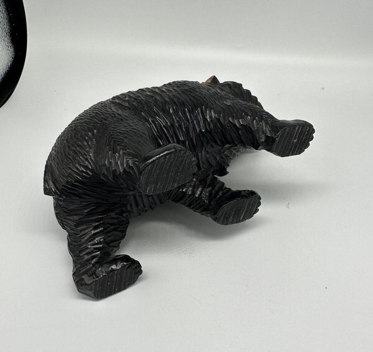 Ainun Black Bear Hand Carved Wood Sculpture with Glass Eyes