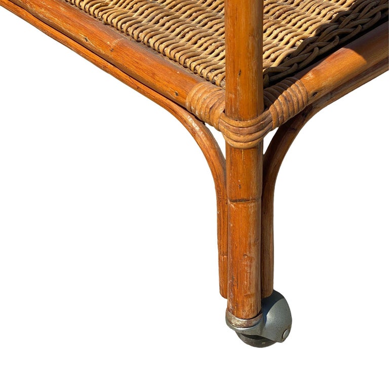 Restored Art Deco Stick Rattan Two-Tier Bar Cart w/ Woven WickerTops
