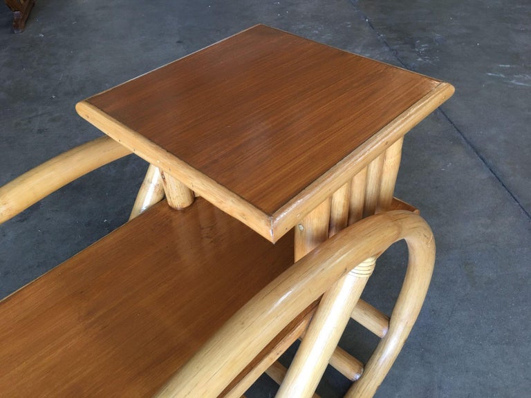 Restored 3/4 Round Pretzel Rattan Side Table w/ 2-Tier Mahogany Tops, Pair
